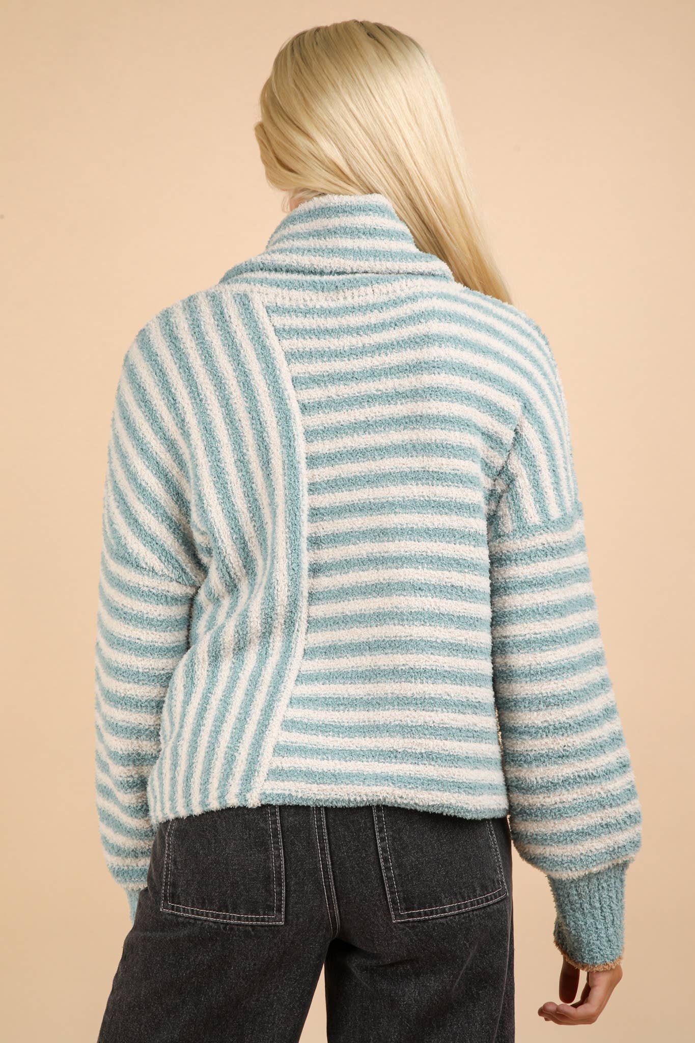 12W3186N-Mock Neck Soft Striped Knit Sweater Top