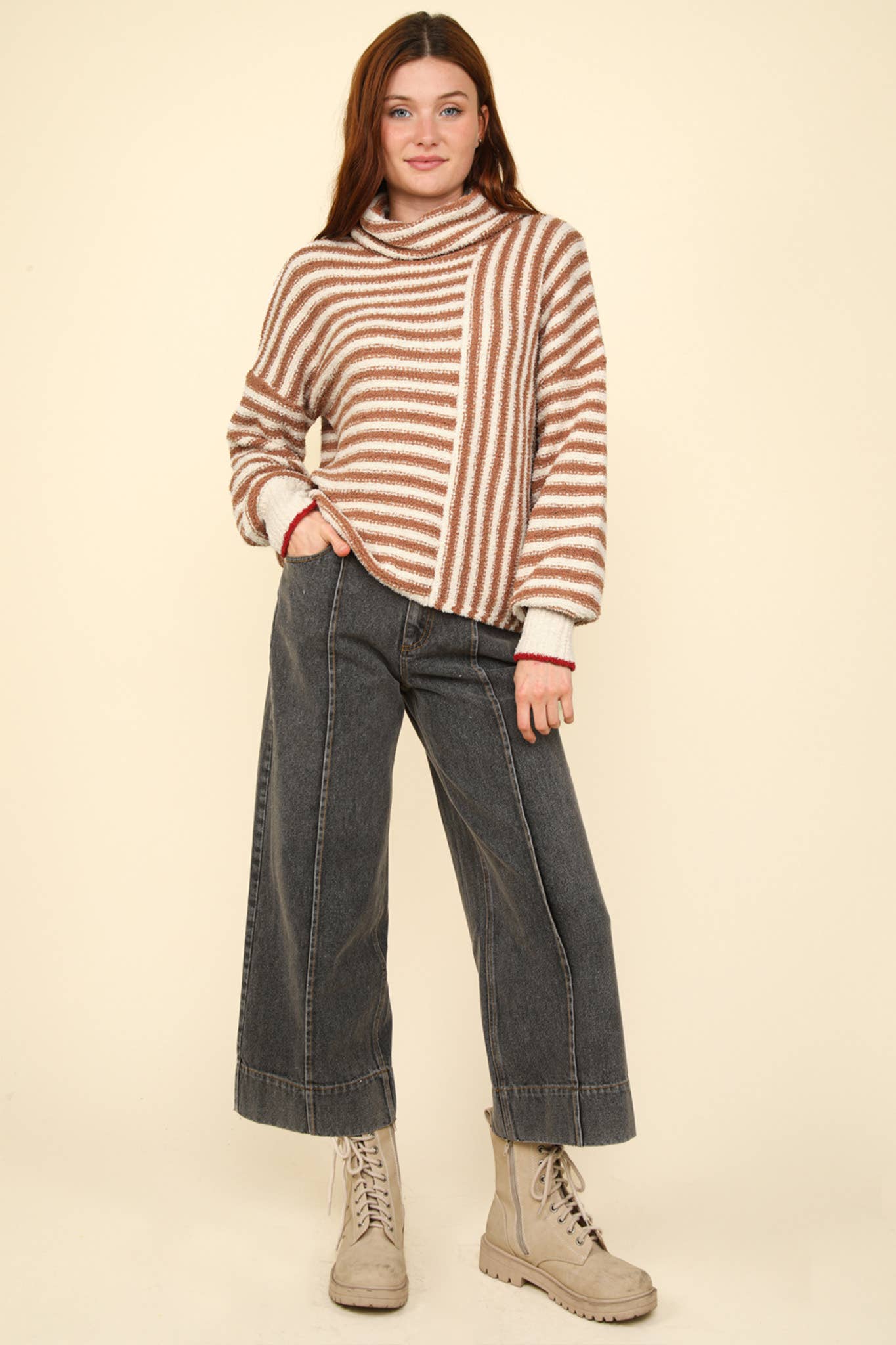 12W3186N-Mock Neck Soft Striped Knit Sweater Top