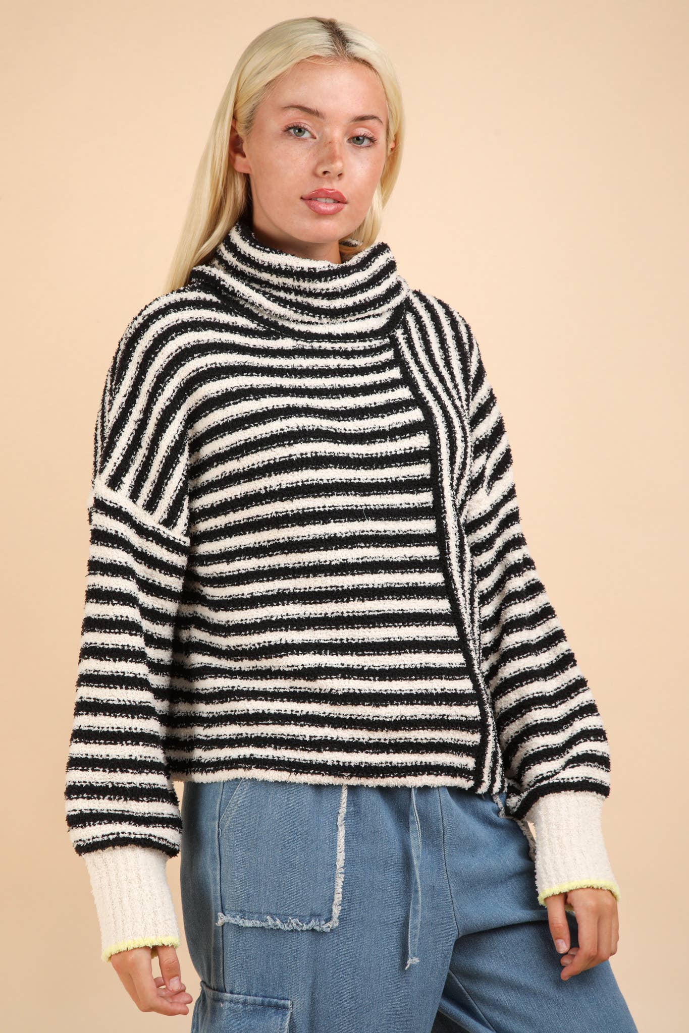 12W3186N-Mock Neck Soft Striped Knit Sweater Top