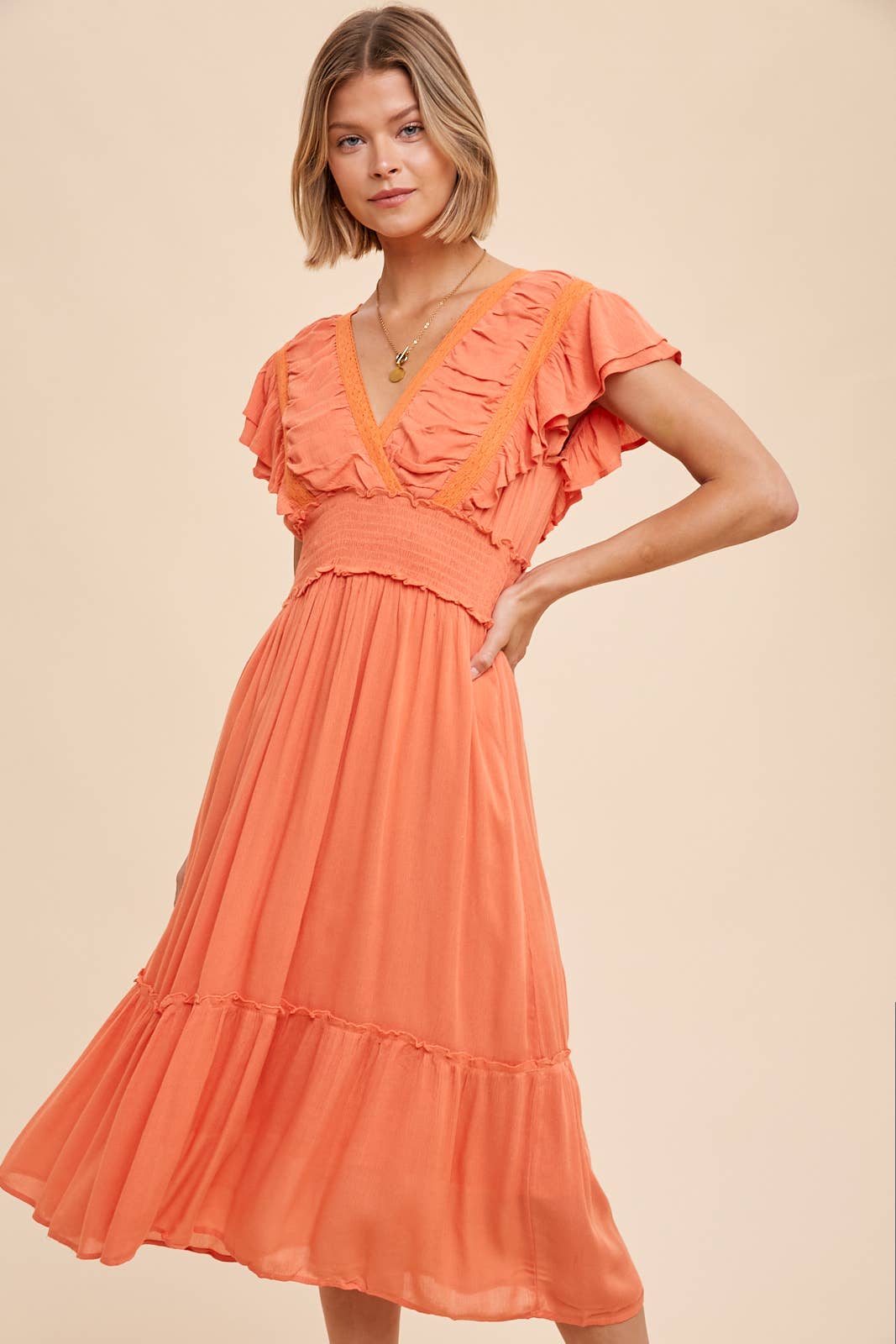 SURPLICE MIDI DRESS WITH RUFFLE SLEEVES