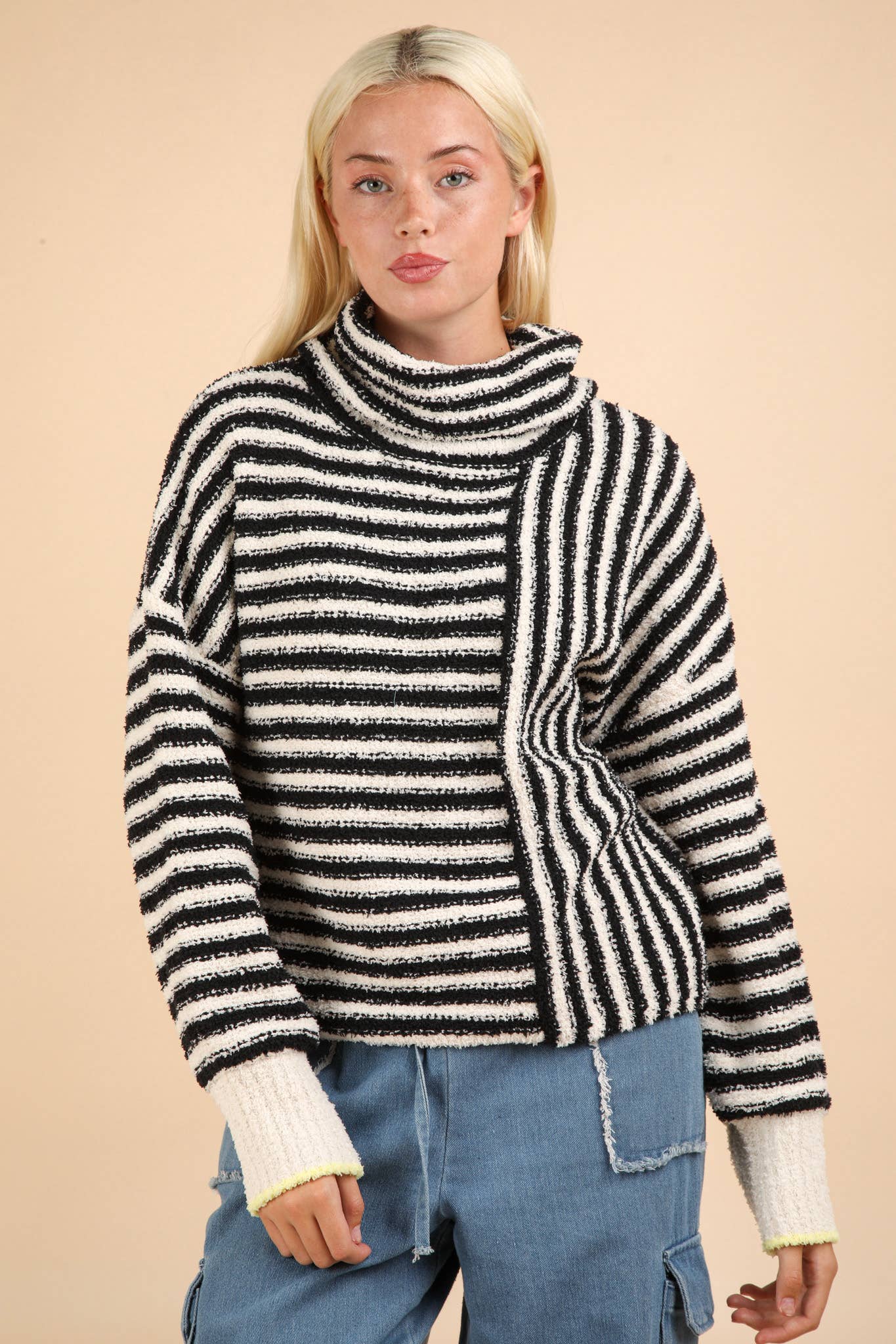 12W3186N-Mock Neck Soft Striped Knit Sweater Top