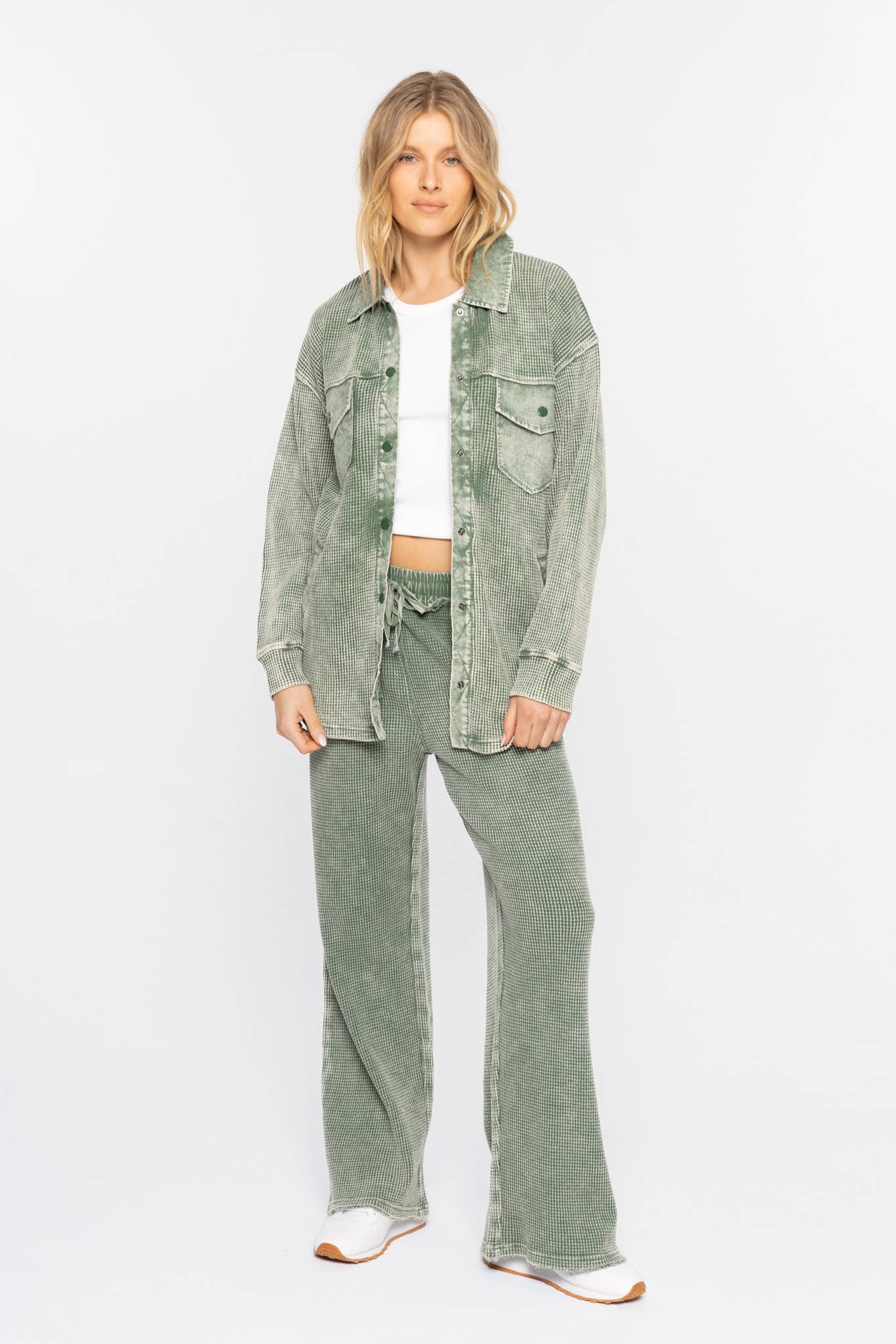 Waffle Knit Mineral-Washed Button Down Jacket