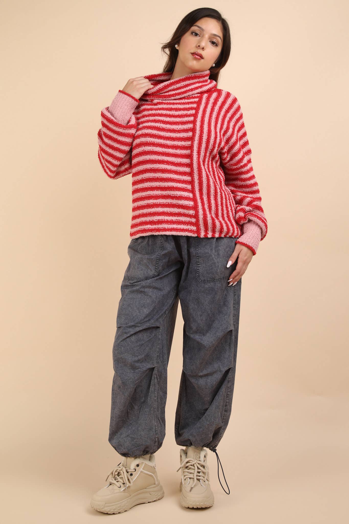 12W3186N-Mock Neck Soft Striped Knit Sweater Top