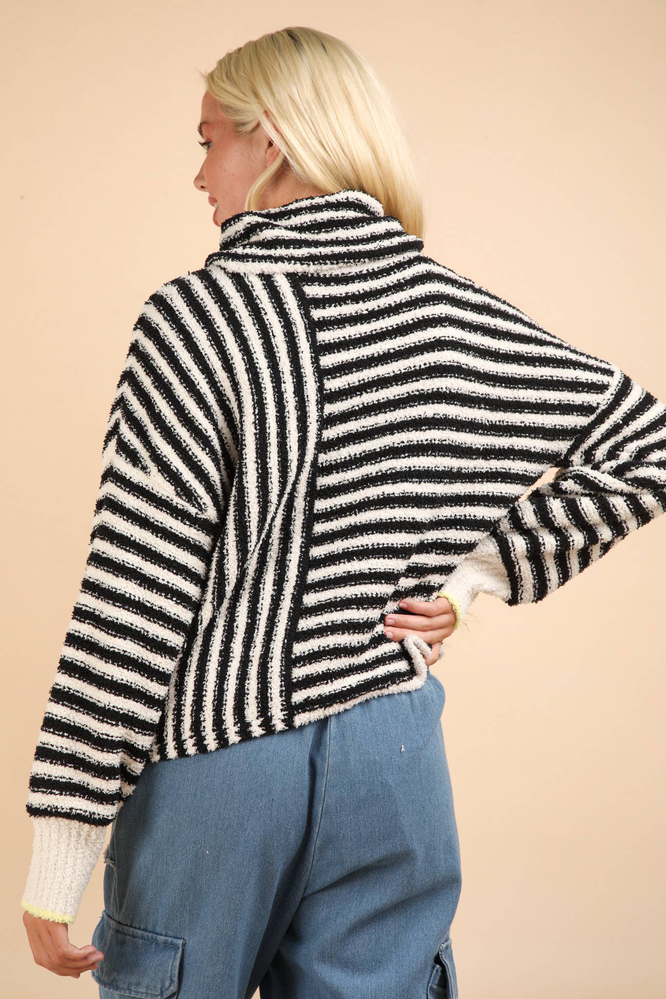 12W3186N-Mock Neck Soft Striped Knit Sweater Top