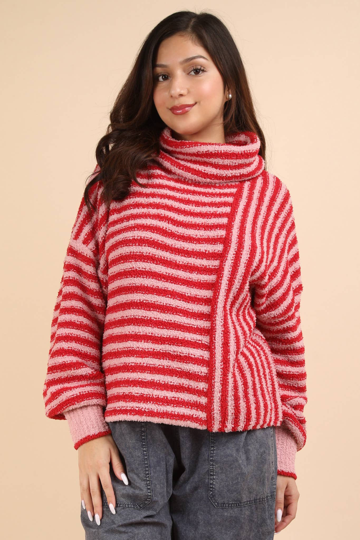 12W3186N-Mock Neck Soft Striped Knit Sweater Top