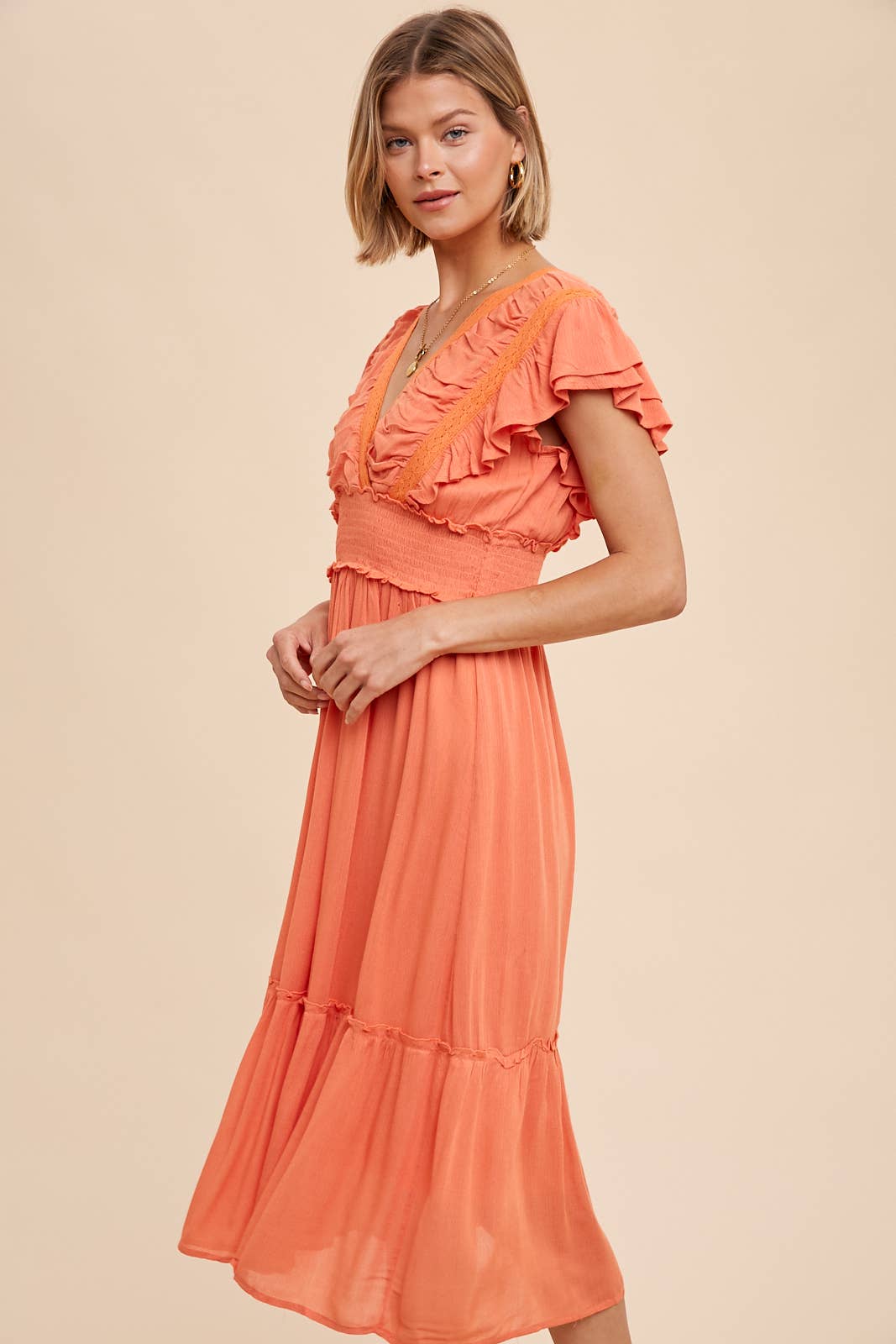 SURPLICE MIDI DRESS WITH RUFFLE SLEEVES