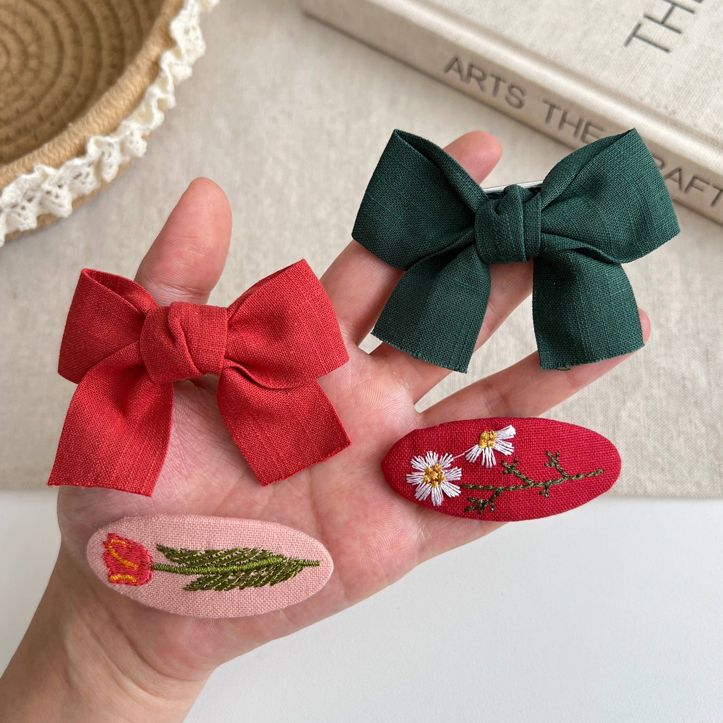 Kids Flower Embroidery and Bow Hair Clip Set (KLOWER)