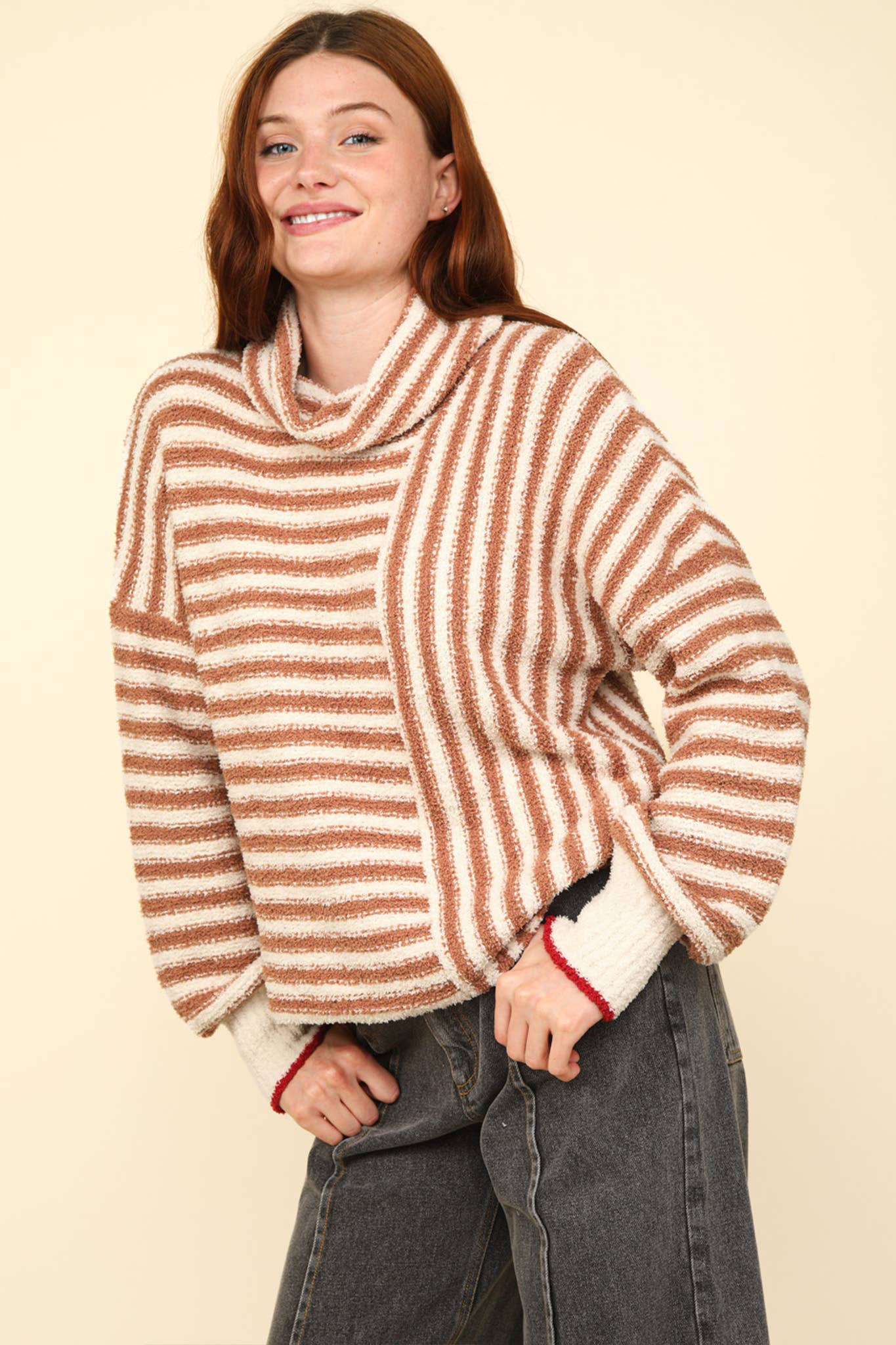 12W3186N-Mock Neck Soft Striped Knit Sweater Top