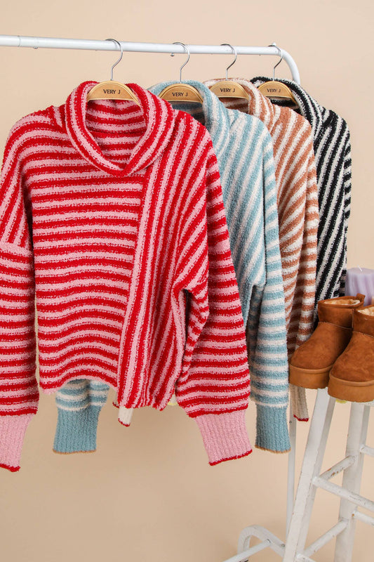 12W3186N-Mock Neck Soft Striped Knit Sweater Top