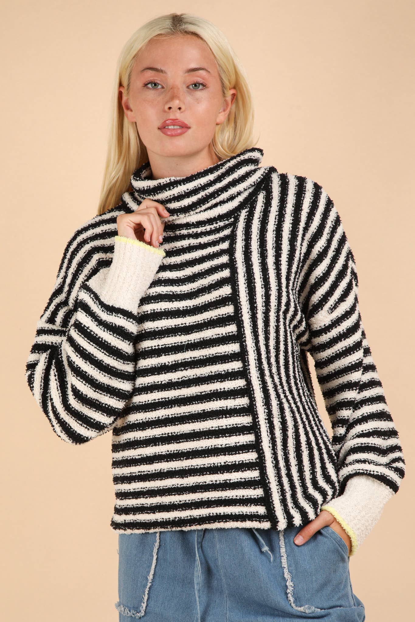 12W3186N-Mock Neck Soft Striped Knit Sweater Top