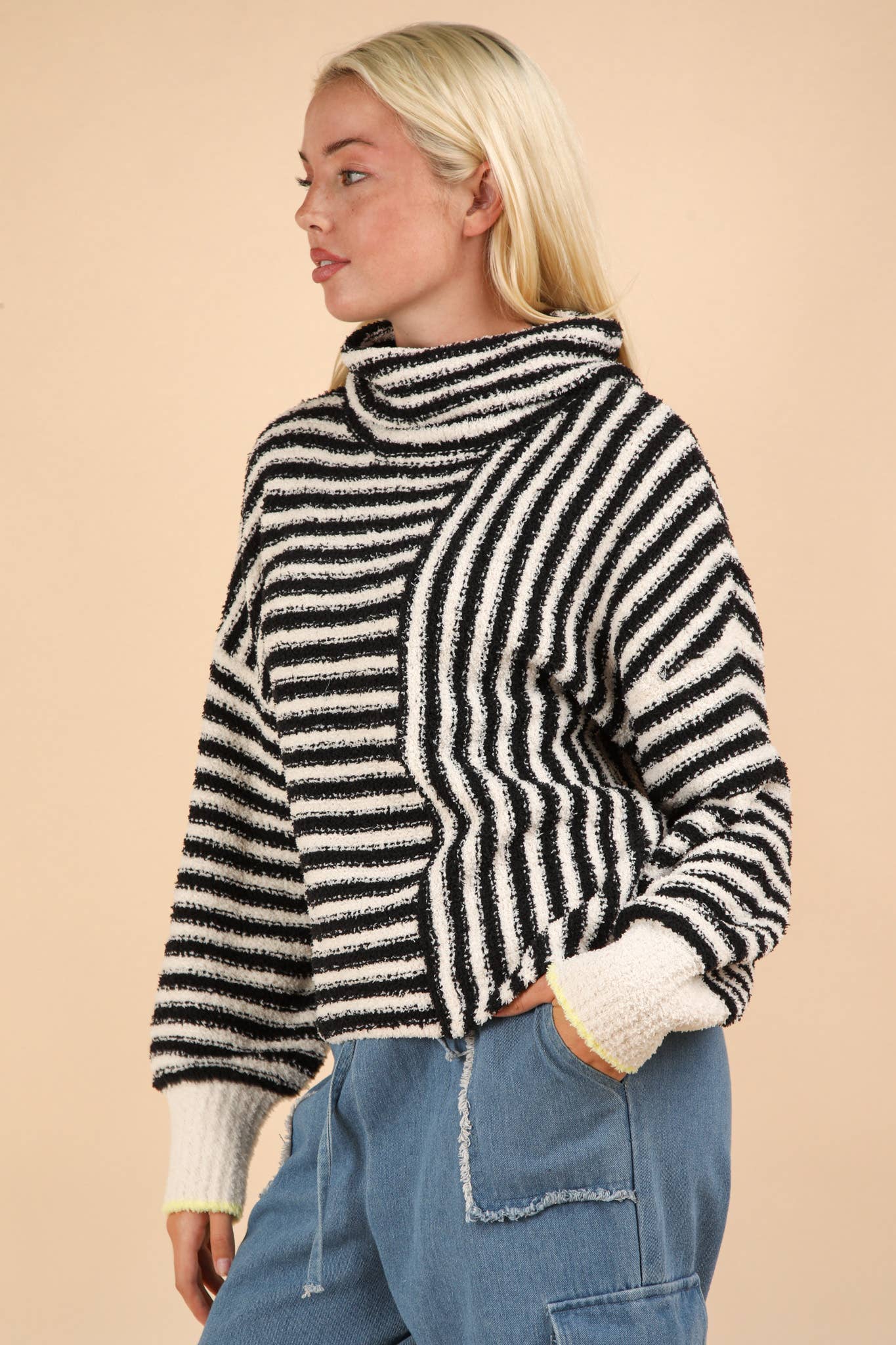 12W3186N-Mock Neck Soft Striped Knit Sweater Top