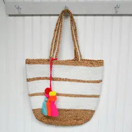 Striped Jute Tote with Tassel