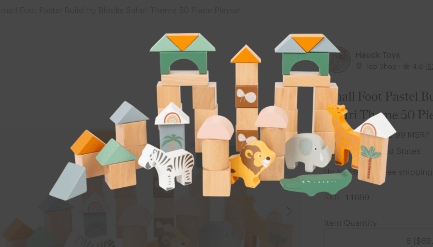 Small Foot Pastel Building Blocks Safari Theme 50 Piece Playset