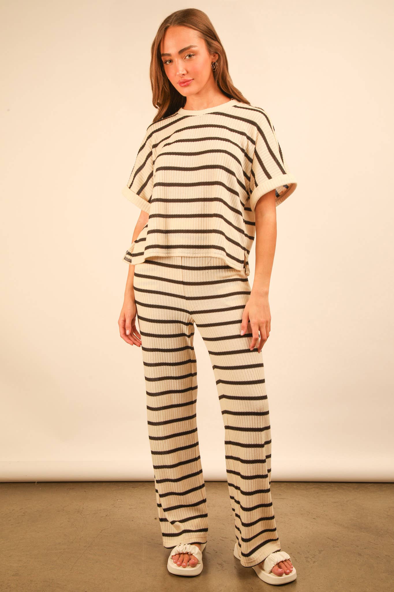 NT11974SET-Striped Casual Top & Pants Set