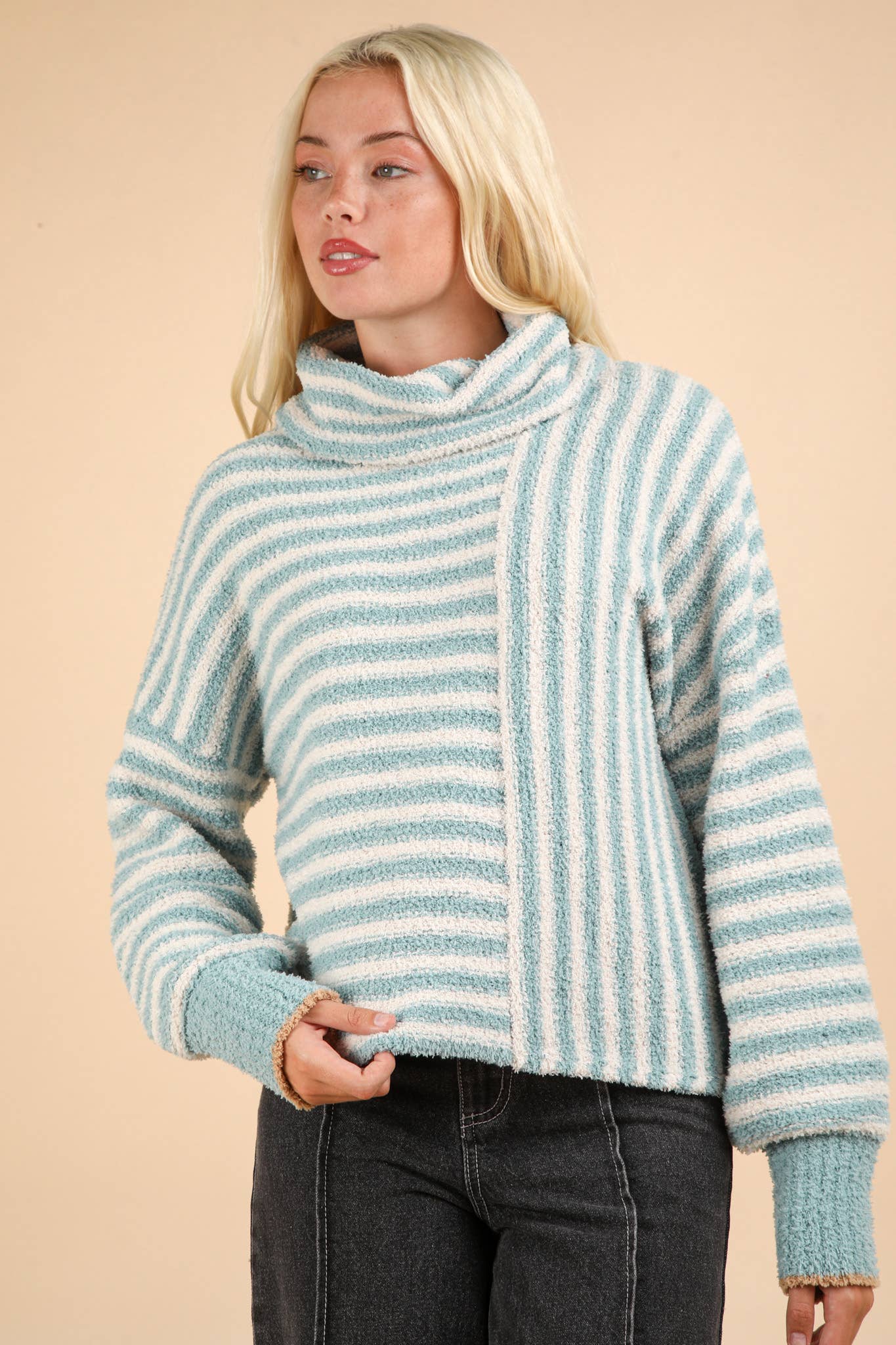 12W3186N-Mock Neck Soft Striped Knit Sweater Top