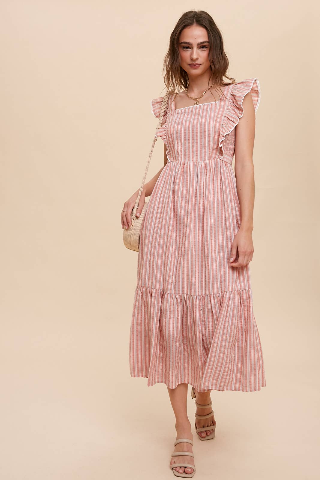 STRIPED PINAFORE MIDI DRESS