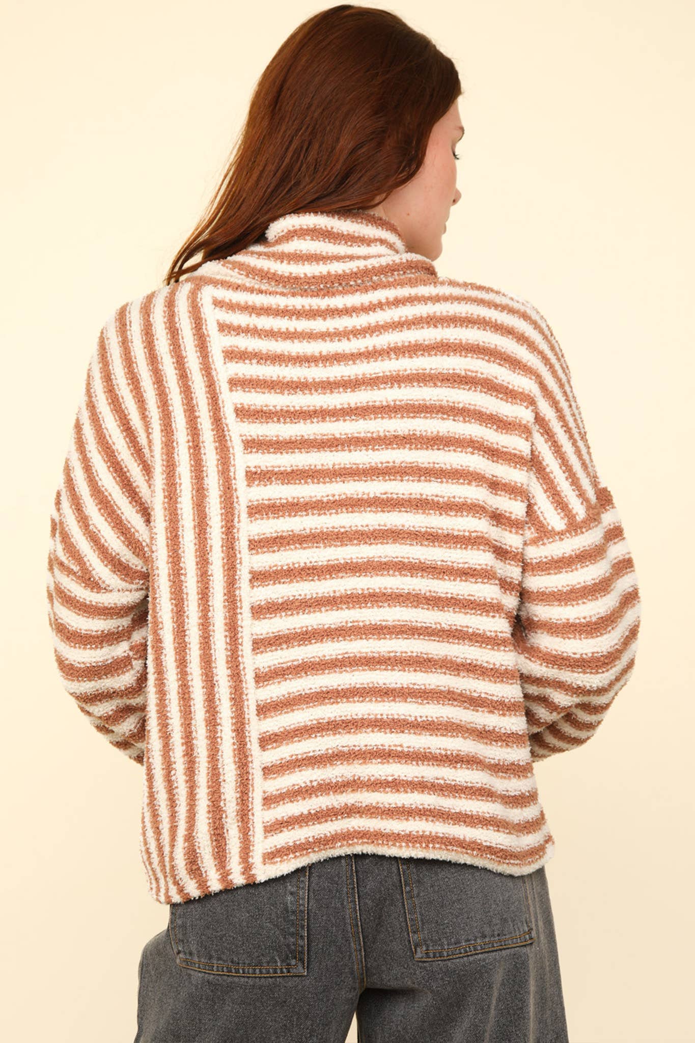 12W3186N-Mock Neck Soft Striped Knit Sweater Top