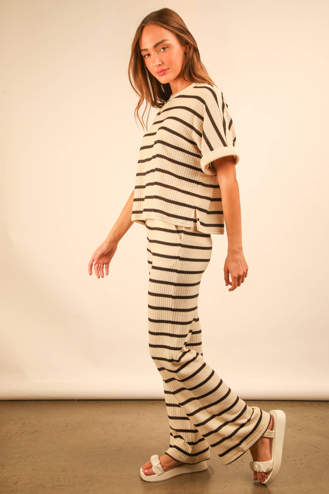NT11974SET-Striped Casual Top & Pants Set