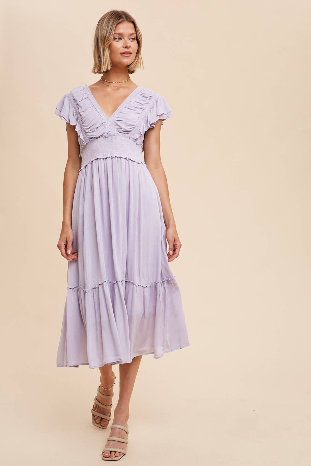 SURPLICE MIDI DRESS WITH RUFFLE SLEEVES