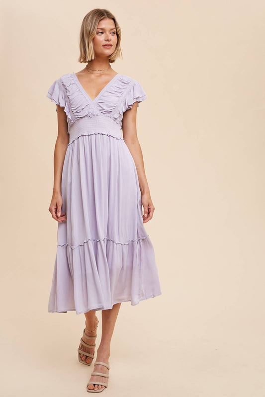 SURPLICE MIDI DRESS WITH RUFFLE SLEEVES