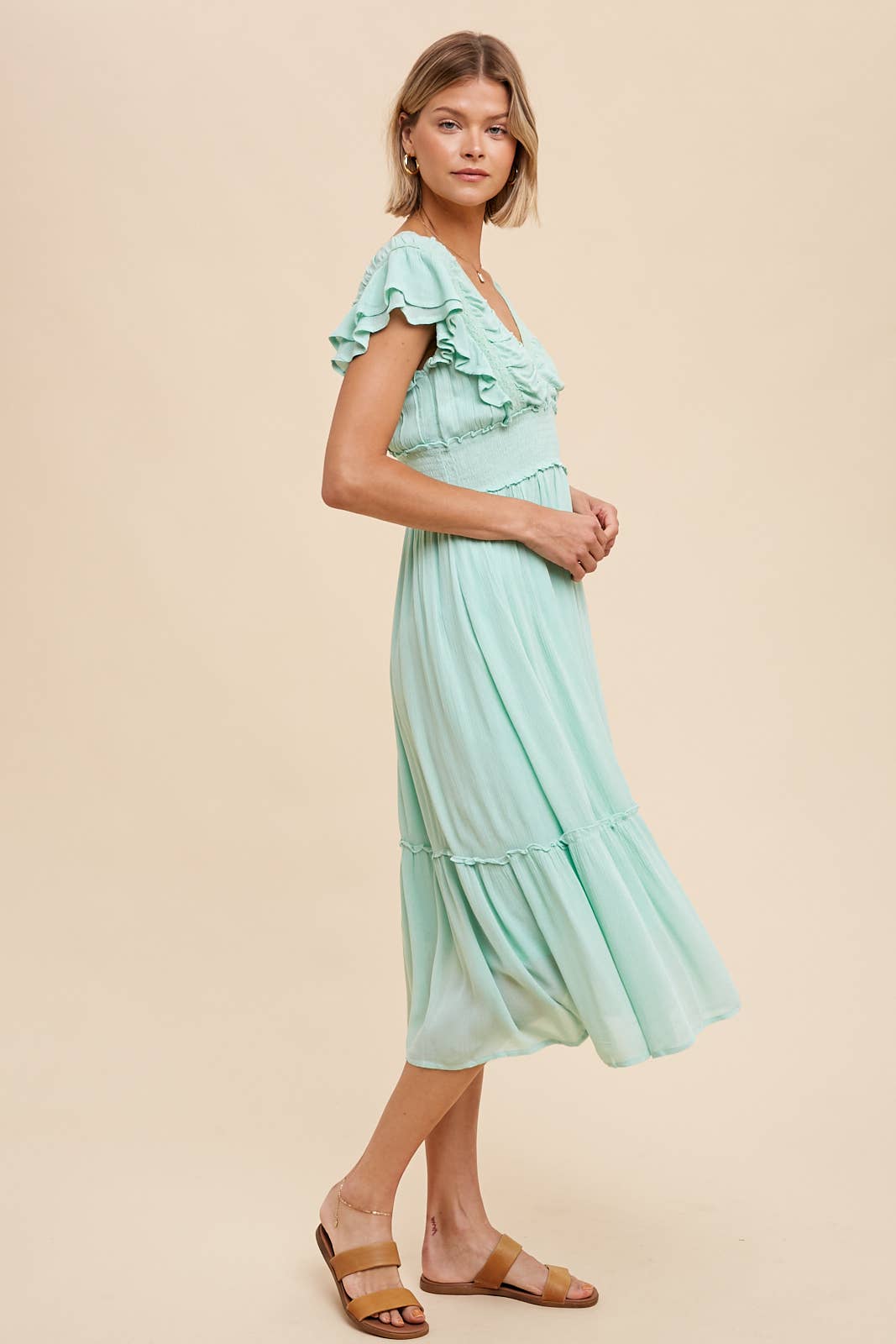 SURPLICE MIDI DRESS WITH RUFFLE SLEEVES