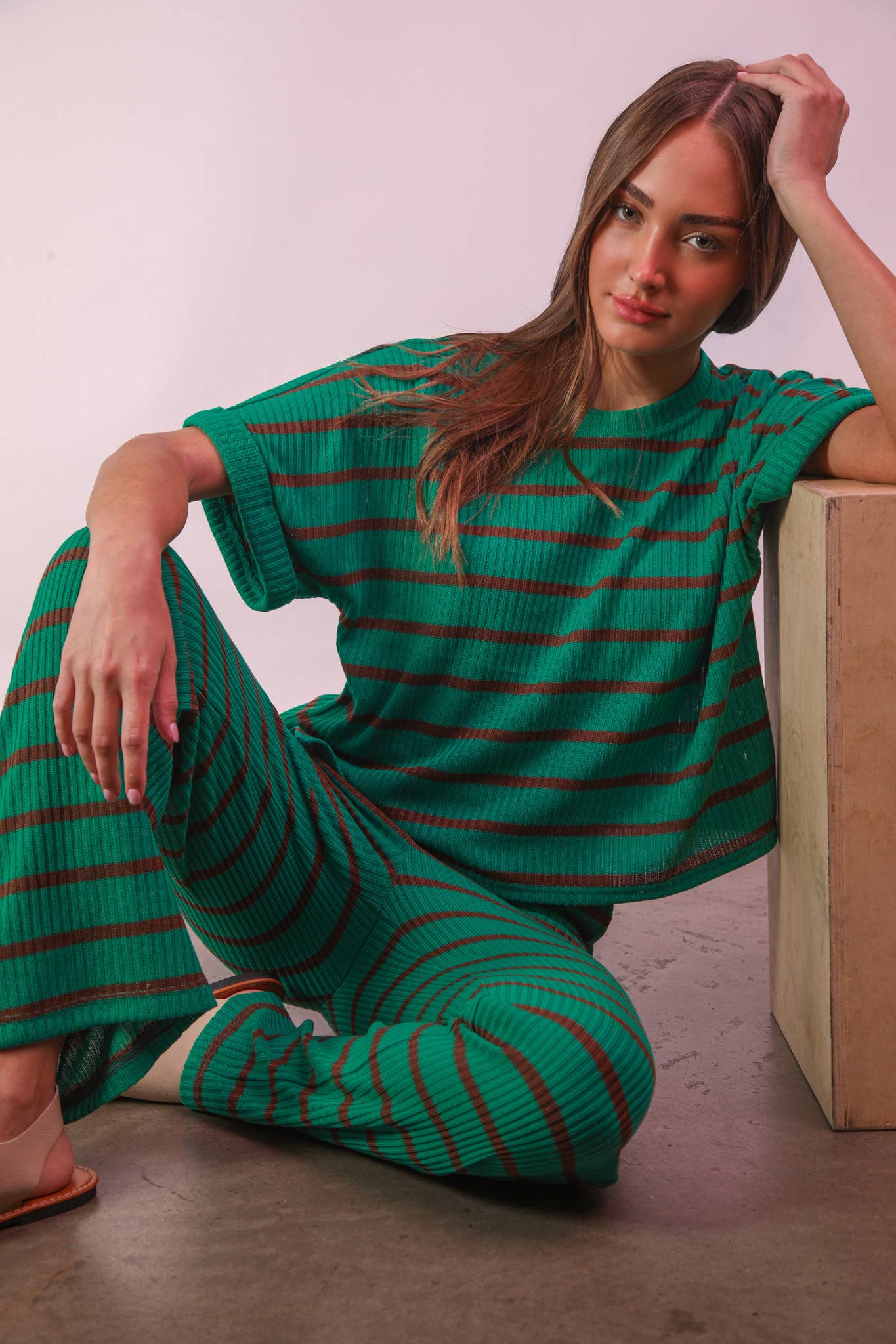NT11974SET-Striped Casual Top & Pants Set