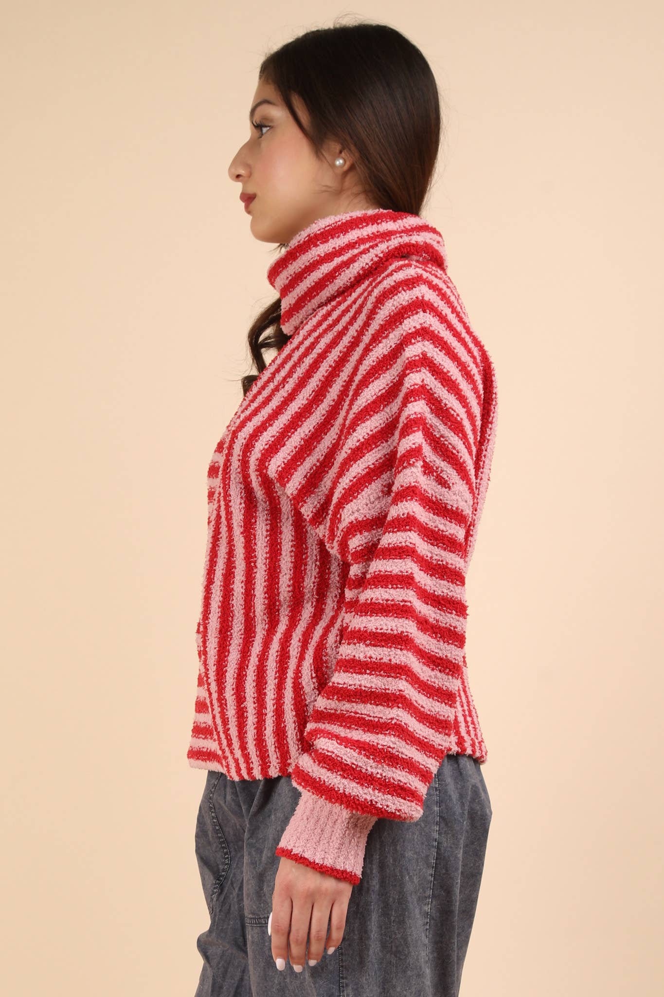 12W3186N-Mock Neck Soft Striped Knit Sweater Top