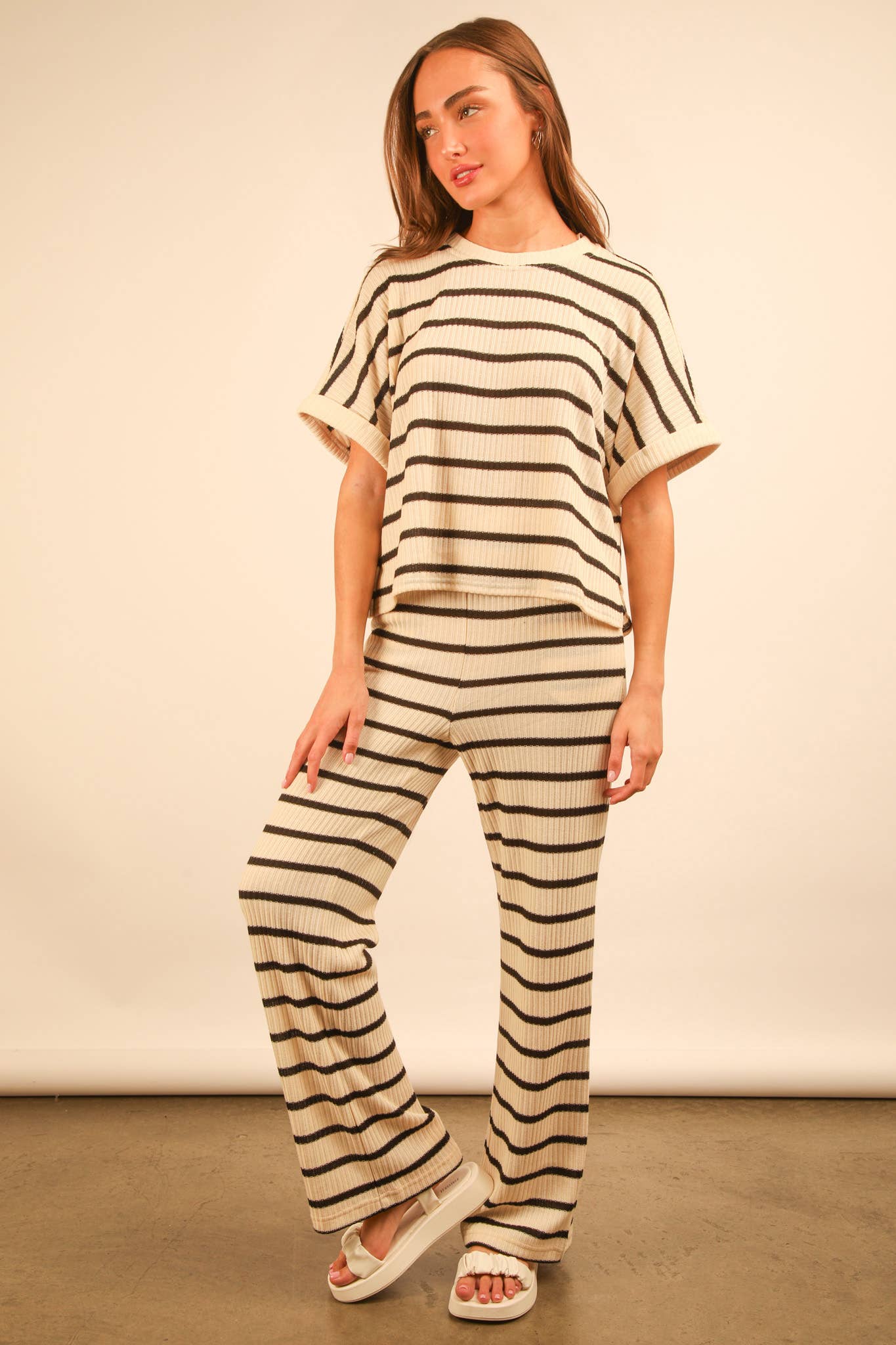 NT11974SET-Striped Casual Top & Pants Set