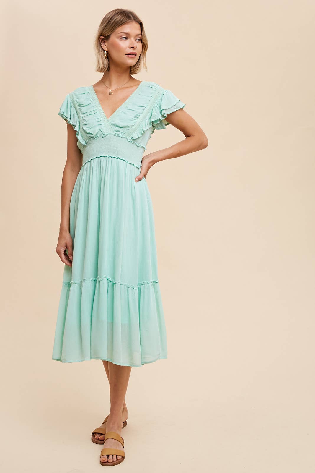 SURPLICE MIDI DRESS WITH RUFFLE SLEEVES