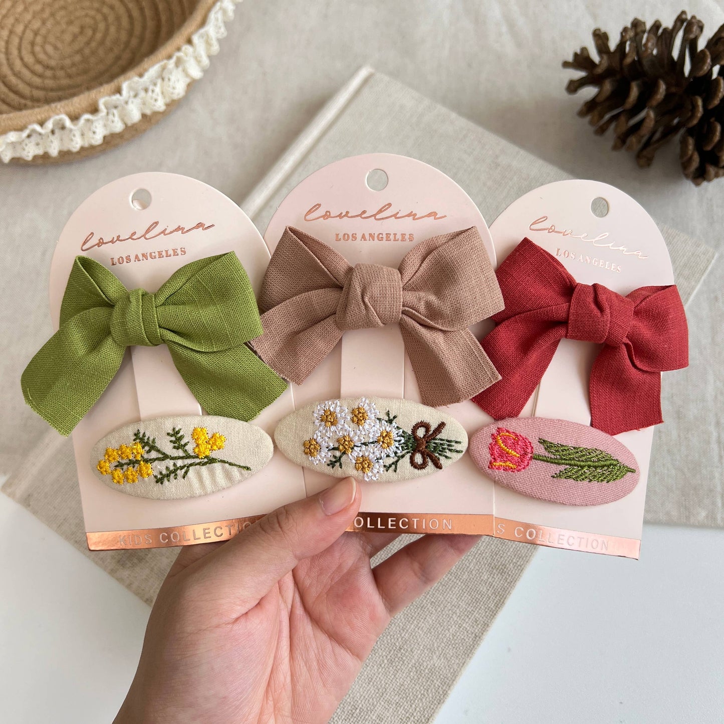 Kids Flower Embroidery and Bow Hair Clip Set (KLOWER)