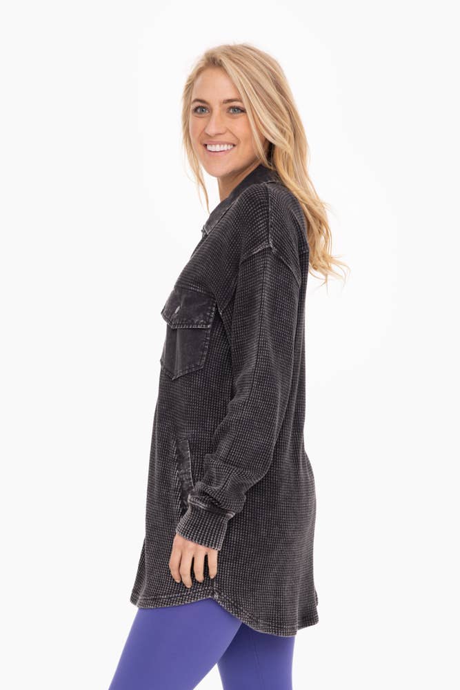 Waffle Knit Mineral-Washed Button Down Jacket