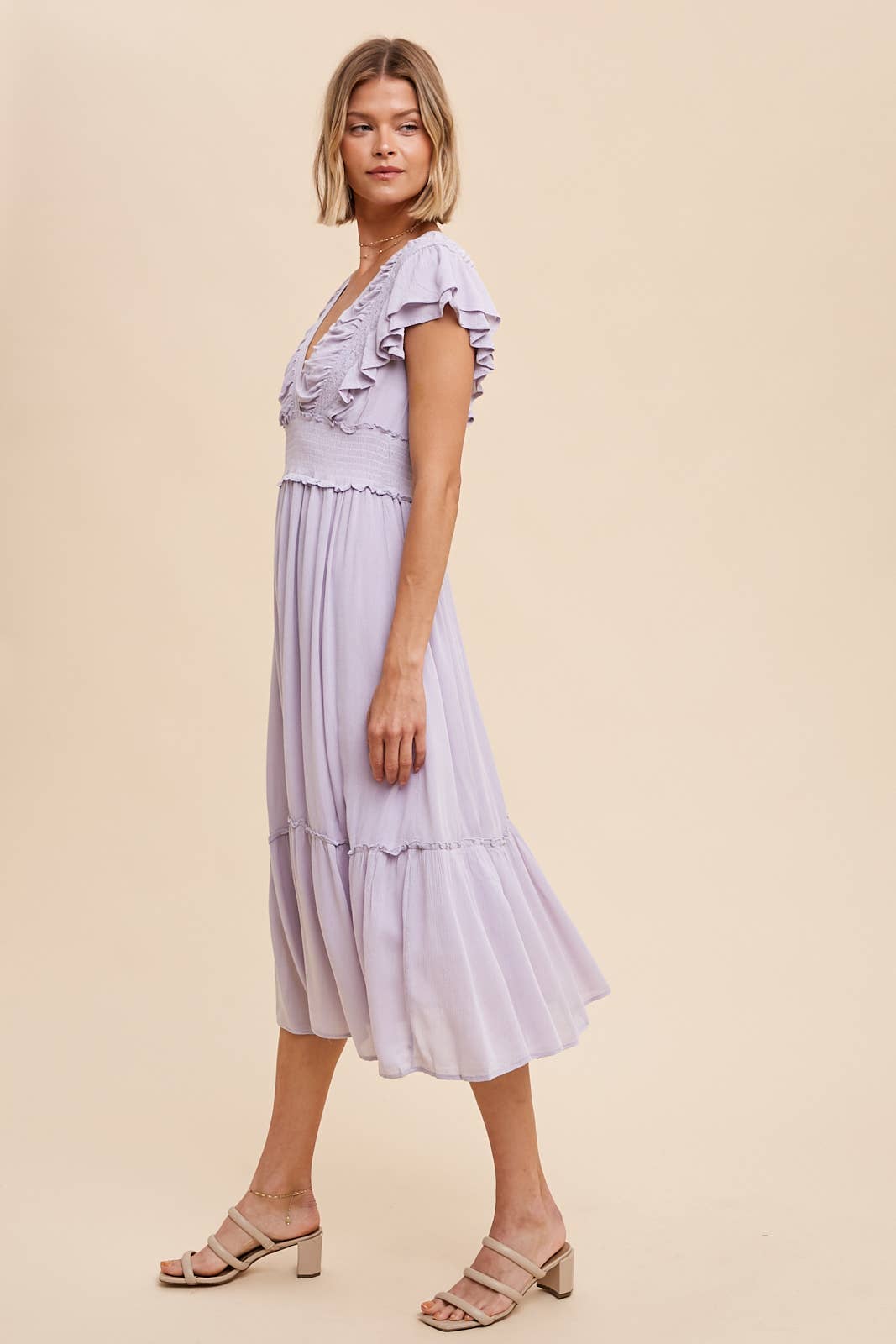 SURPLICE MIDI DRESS WITH RUFFLE SLEEVES