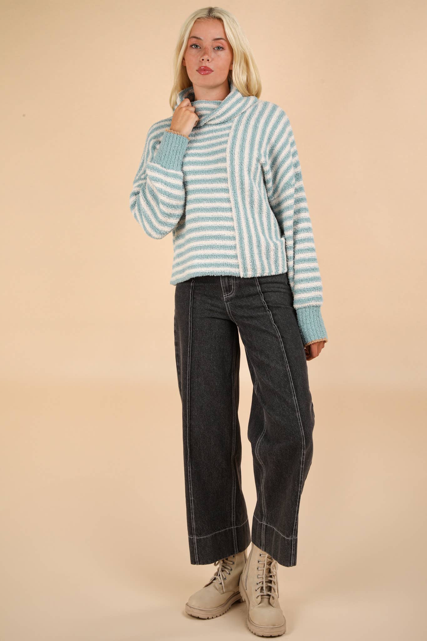 12W3186N-Mock Neck Soft Striped Knit Sweater Top