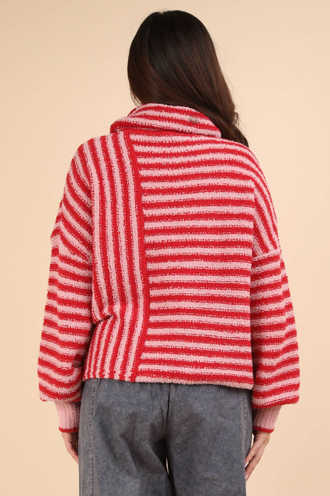 12W3186N-Mock Neck Soft Striped Knit Sweater Top