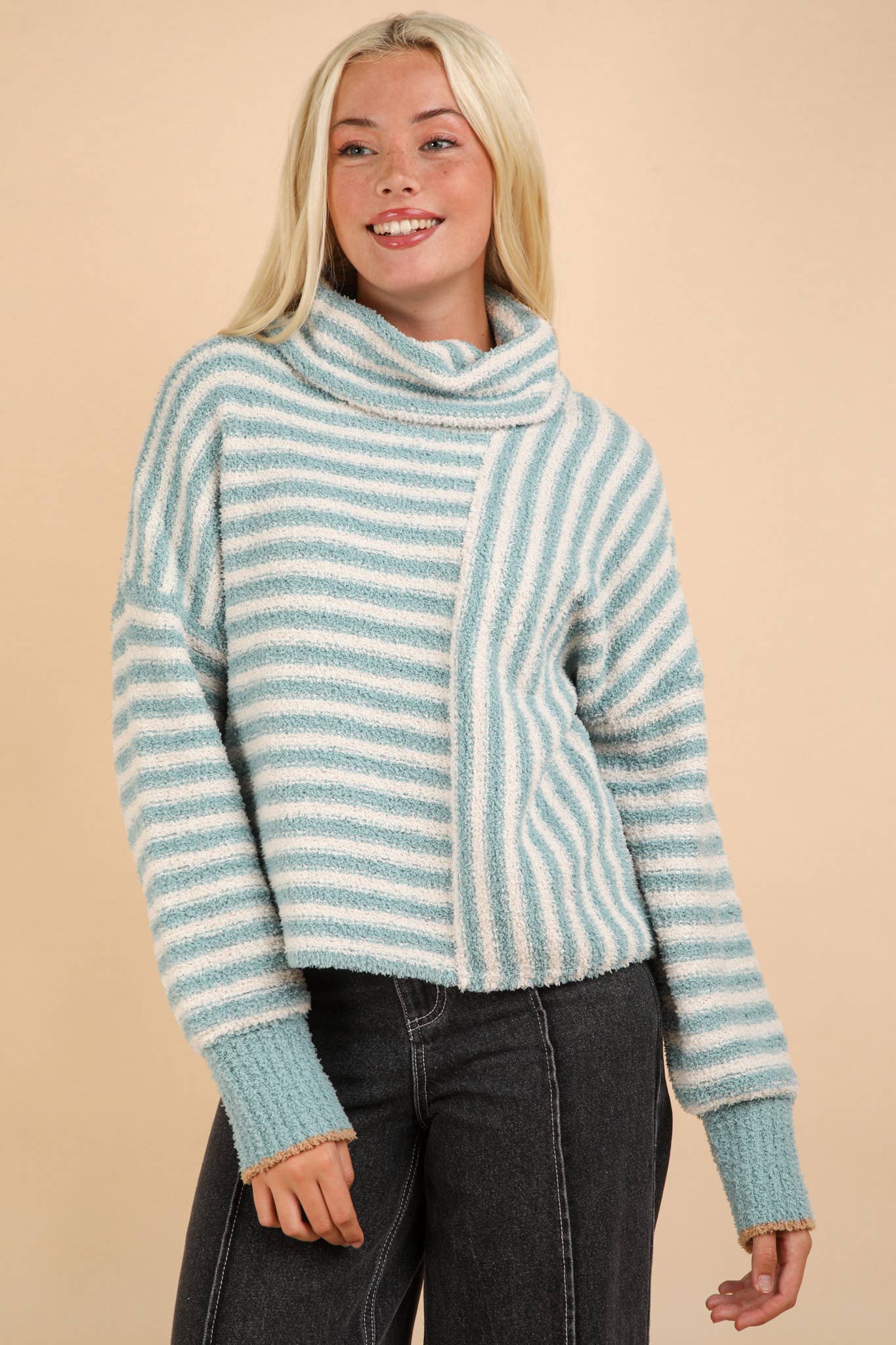 12W3186N-Mock Neck Soft Striped Knit Sweater Top