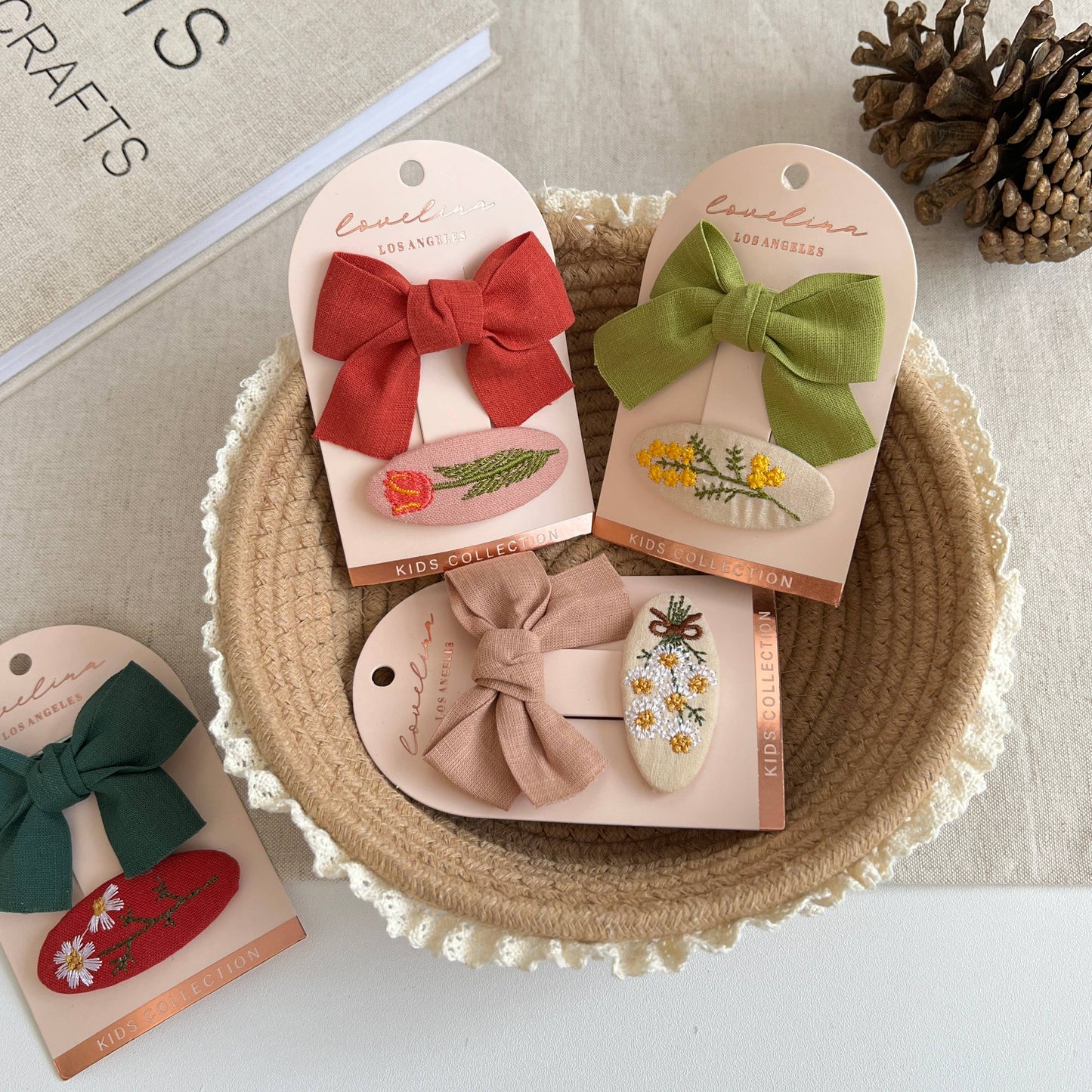 Kids Flower Embroidery and Bow Hair Clip Set (KLOWER)