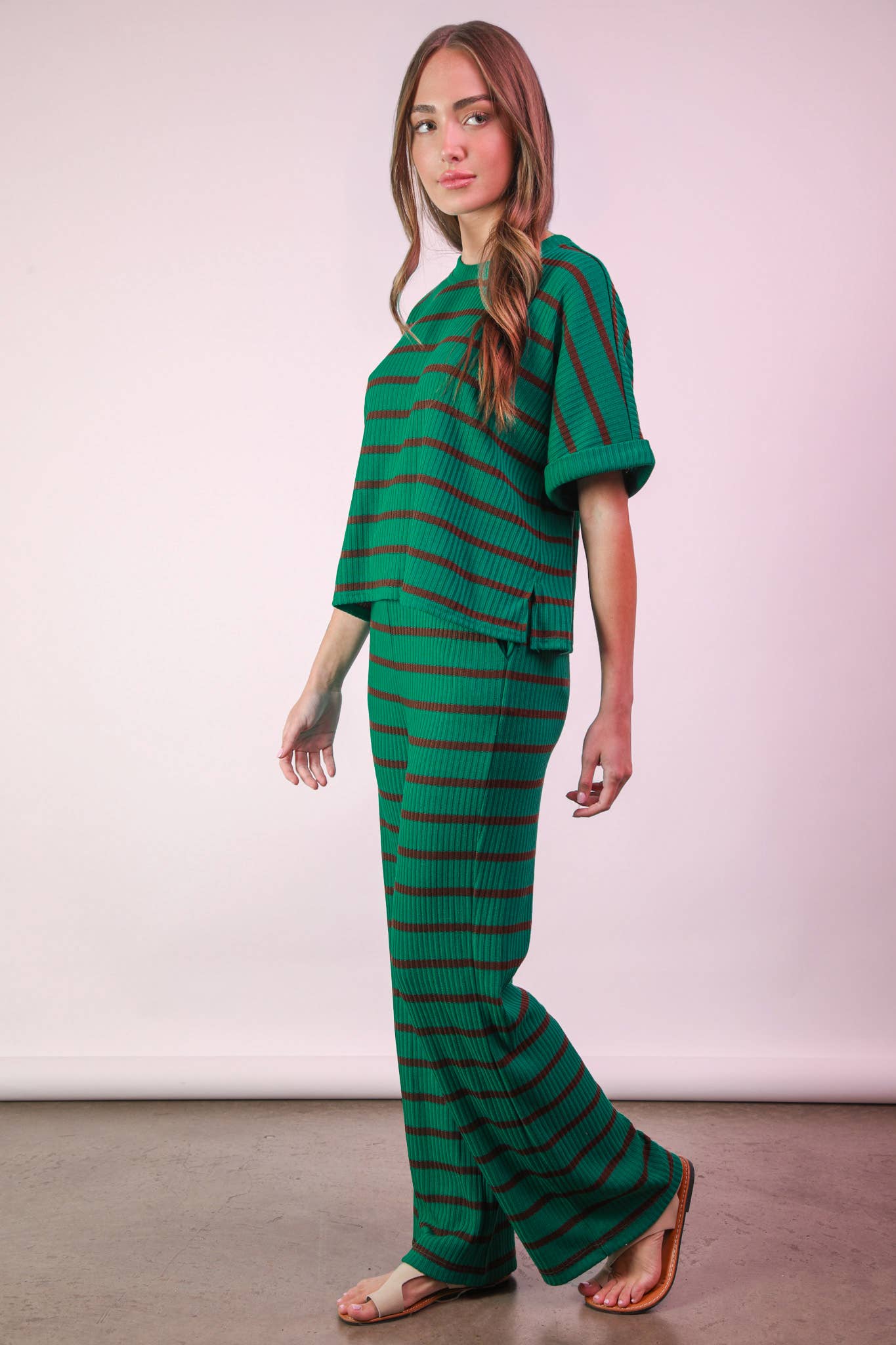 NT11974SET-Striped Casual Top & Pants Set