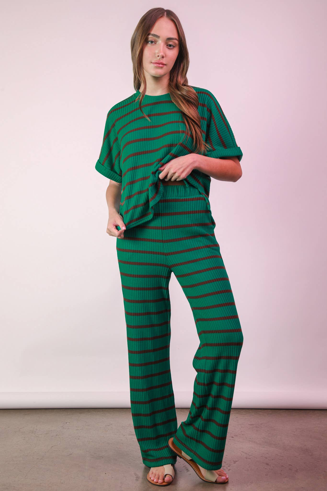NT11974SET-Striped Casual Top & Pants Set