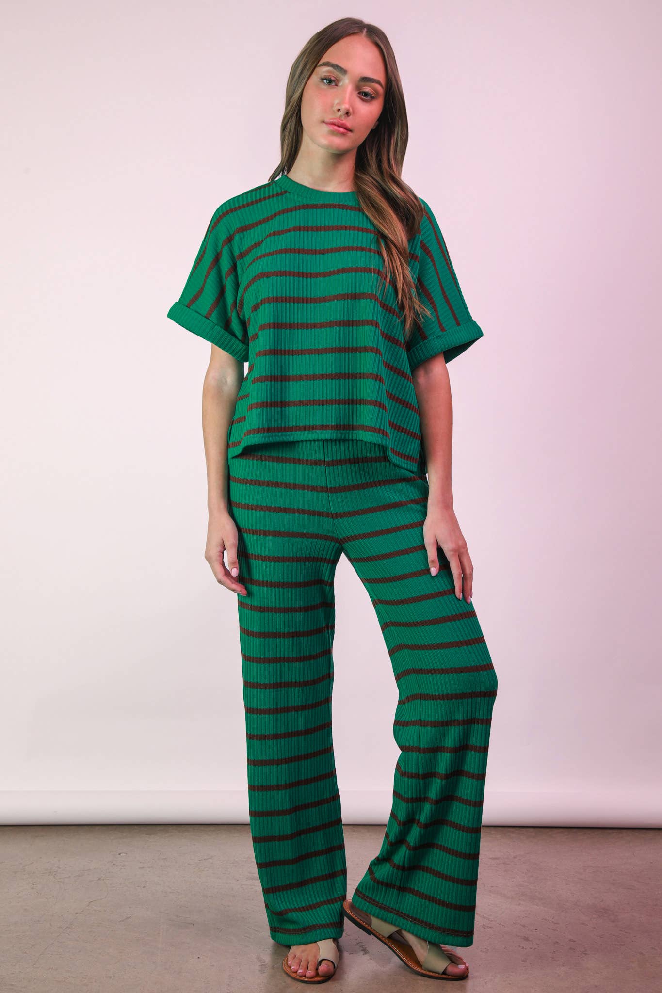 NT11974SET-Striped Casual Top & Pants Set