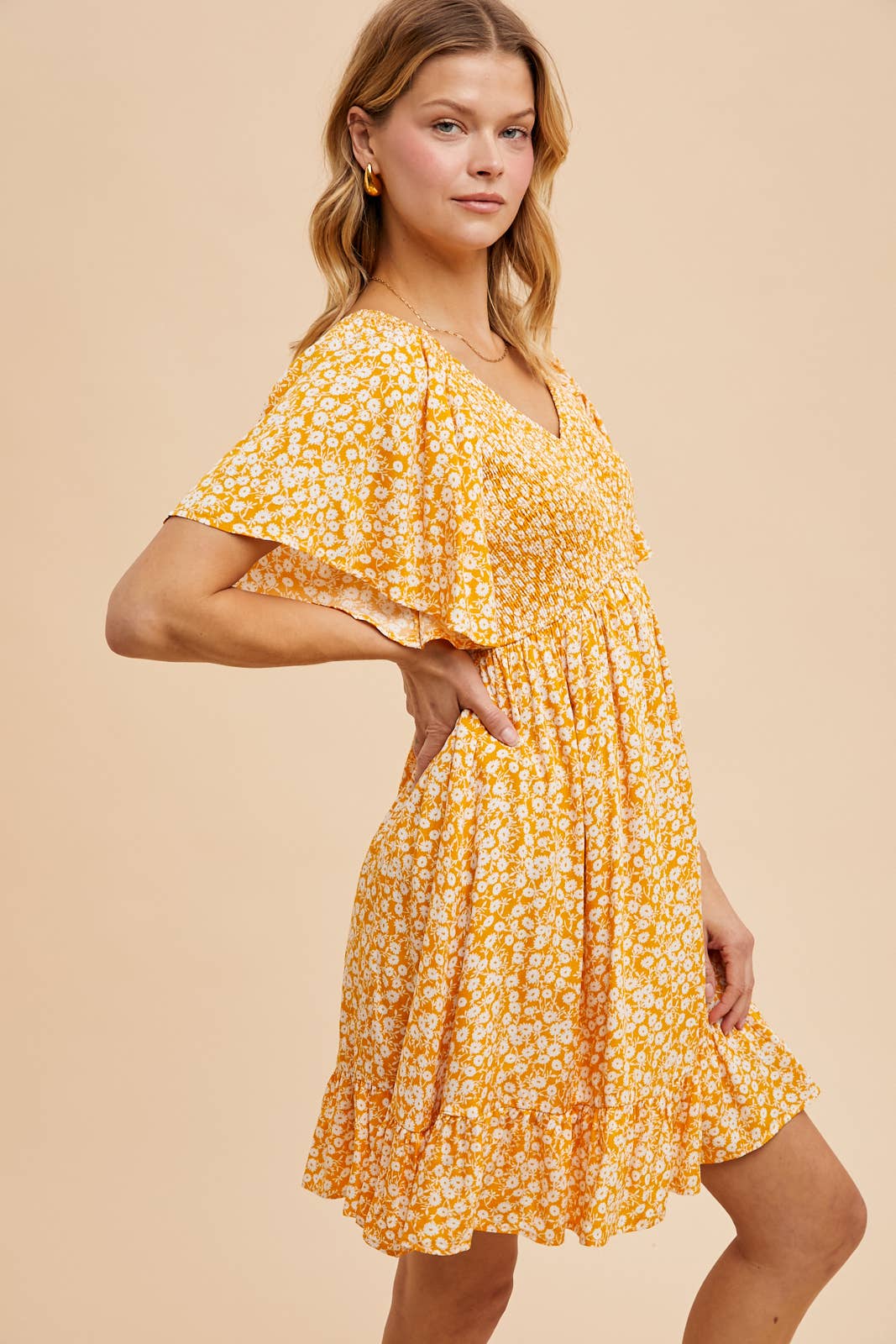 FLORAL PRINTED RAYON CRINKLE MINI DRESS