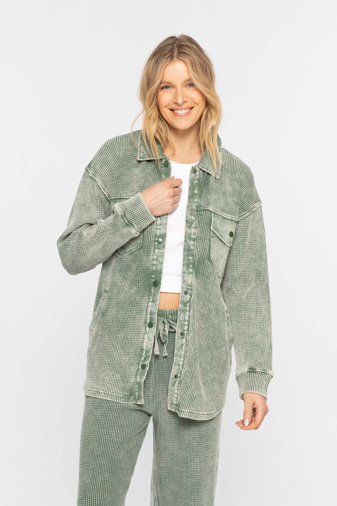 Waffle Knit Mineral-Washed Button Down Jacket