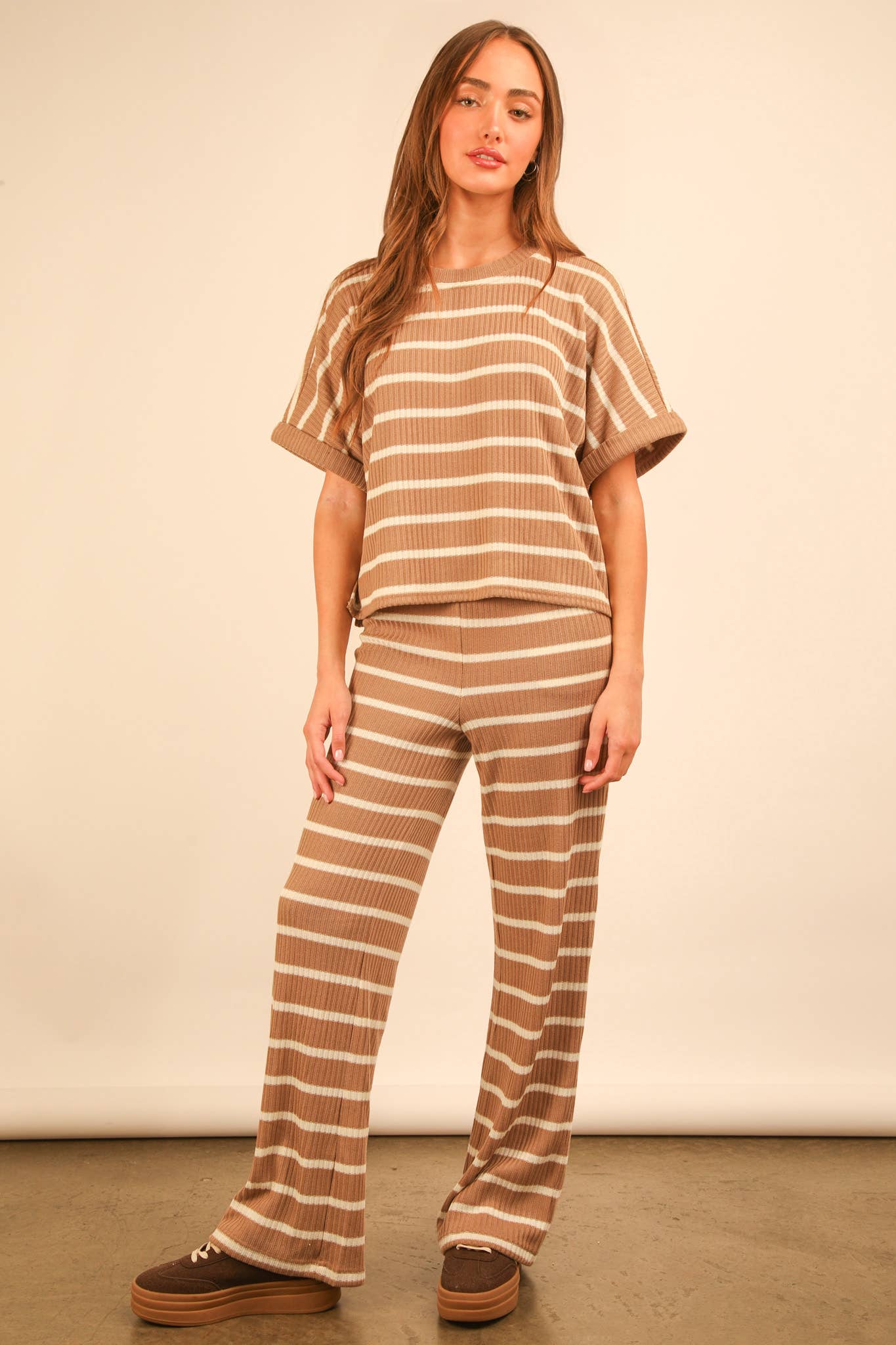 NT11974SET-Striped Casual Top & Pants Set